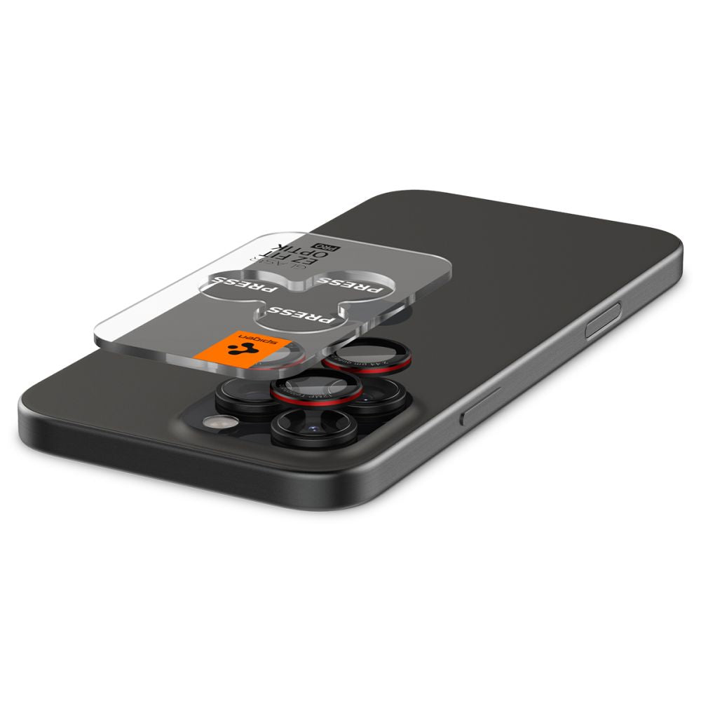 Folija za zaštitu zadnje kamere Spigen EZ FIT za Apple iPhone 16 Pro Max / 16 Pro / 15 Pro Max, Kaljeno staklo, Set od 2 komada, Crna AGL05217