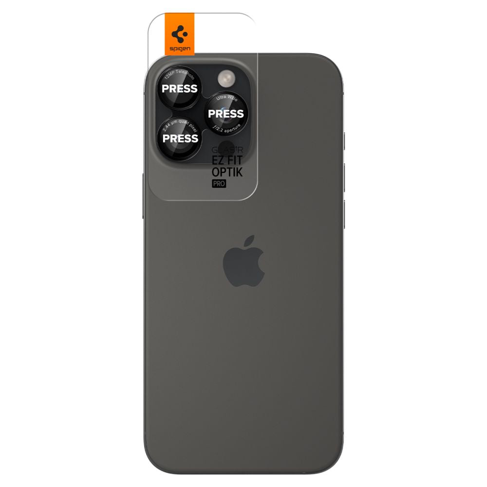 Folija za zaštitu zadnje kamere Spigen EZ FIT za Apple iPhone 16 Pro Max / 16 Pro / 15 Pro Max, Kaljeno staklo, Set od 2 komada, Crna AGL05217