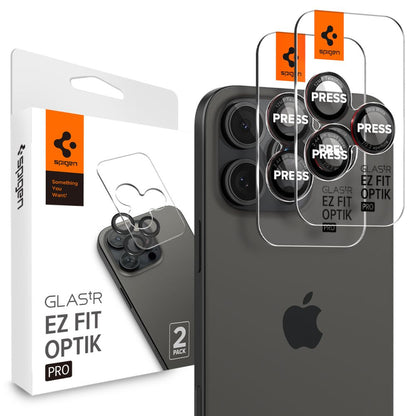 Folija za zaštitu zadnje kamere Spigen EZ FIT za Apple iPhone 16 Pro Max / 16 Pro / 15 Pro Max, Kaljeno staklo, Set od 2 komada, Crna AGL05217