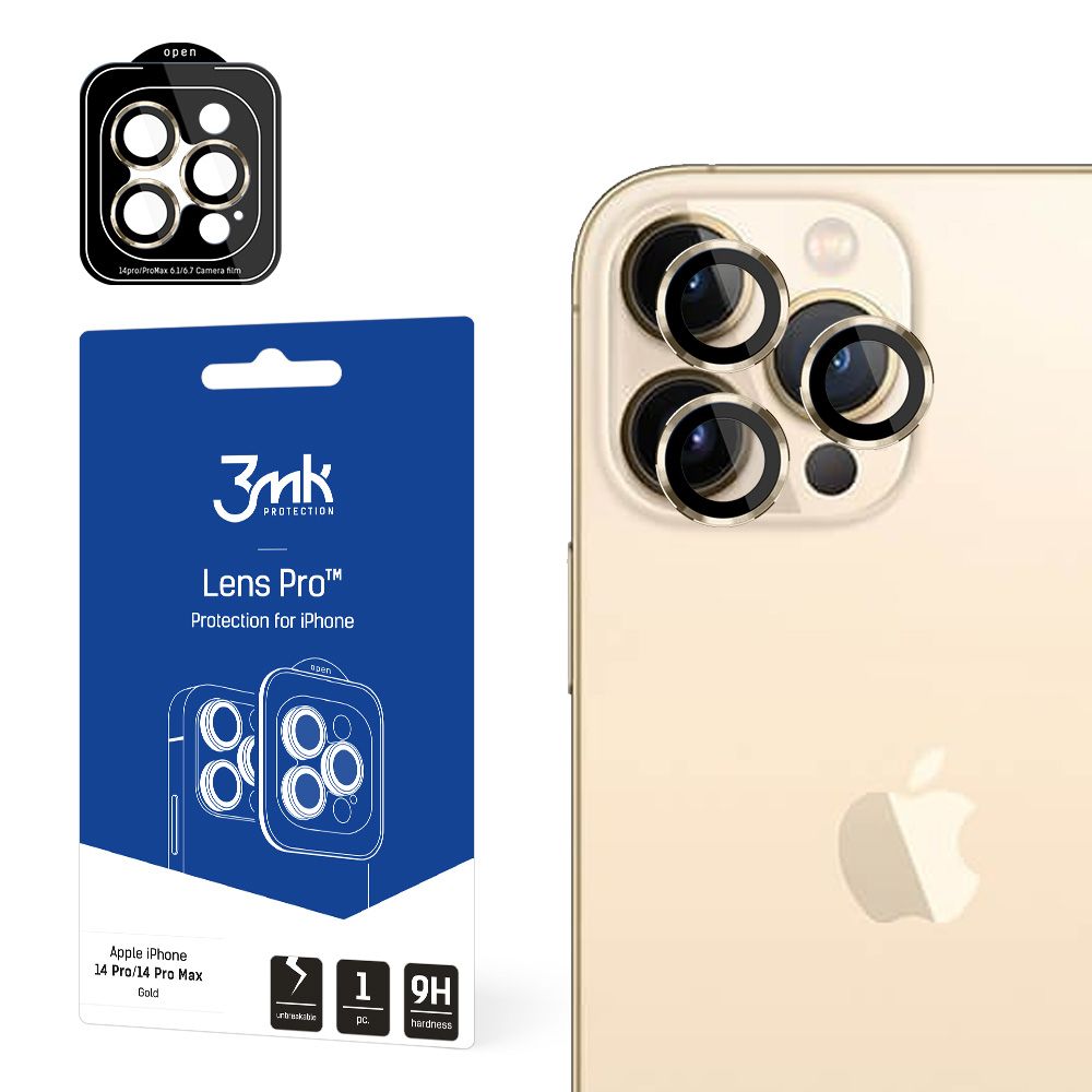 Zaštitna folija za zadnju kameru 3MK Protection Pro za Apple iPhone 14 Pro Max / 14 Pro, Kaljeno staklo, Zlatna