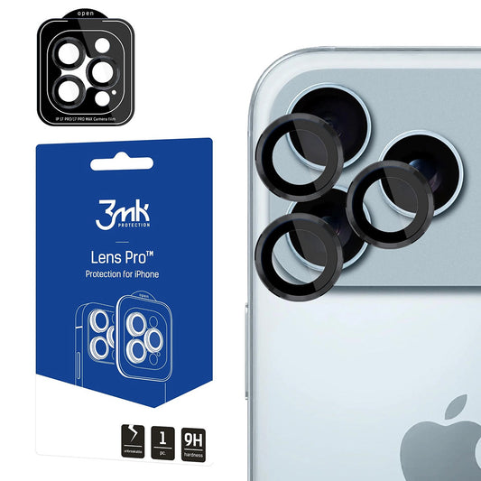 Folija za zaštitu zadnje kamere 3MK Protection Pro za Apple iPhone 17 Pro Max / 17 Pro, Kaljeno staklo, Crna