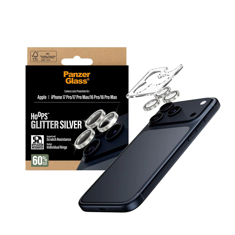 Folija za zaštitu zadnje kamere PanzerGlass Hoops Glitter za Apple iPhone 17 Pro Max / 17 Pro / 16 Pro Max / 16 Pro, Kaljeno staklo, Srebrna