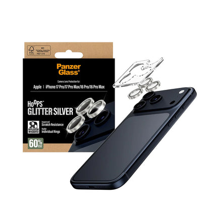 Folija za zaštitu zadnje kamere PanzerGlass Hoops Glitter za Apple iPhone 17 Pro Max / 17 Pro / 16 Pro Max / 16 Pro, Kaljeno staklo, Srebrna