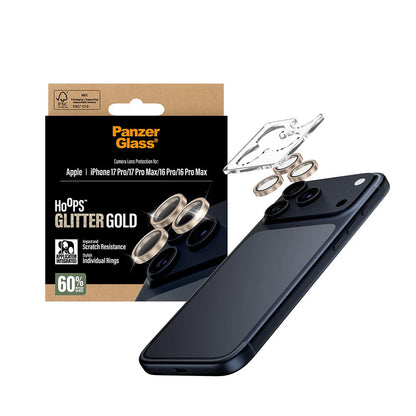 Zaštitna folija za zadnju kameru PanzerGlass Hoops Glitter za Apple iPhone 17 Pro Max / 17 Pro / 16 Pro Max / 16 Pro, Kaljeno staklo, Zlatna