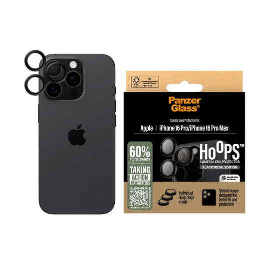Folija za zaštitu zadnje kamere PanzerGlass Hoops za Apple iPhone 16 Pro Max / 16 Pro, Kaljeno staklo, Crna