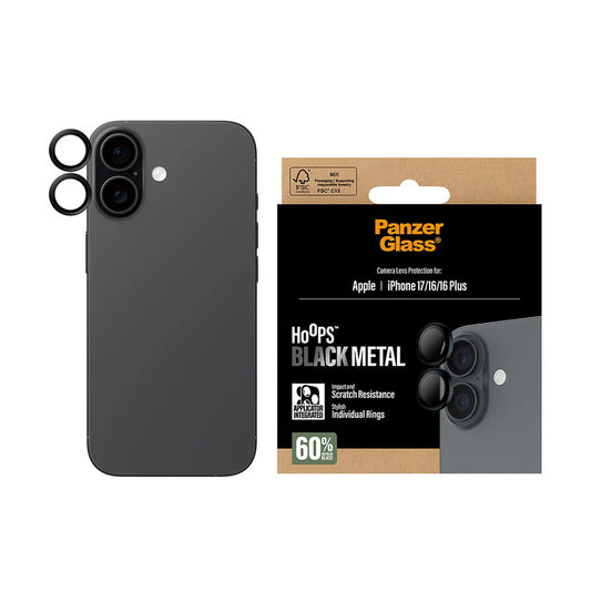 Zaštitna folija za zadnju kameru PanzerGlass Hoops za Apple iPhone 17 / 16 Plus / 16, Kaljeno staklo, Crna