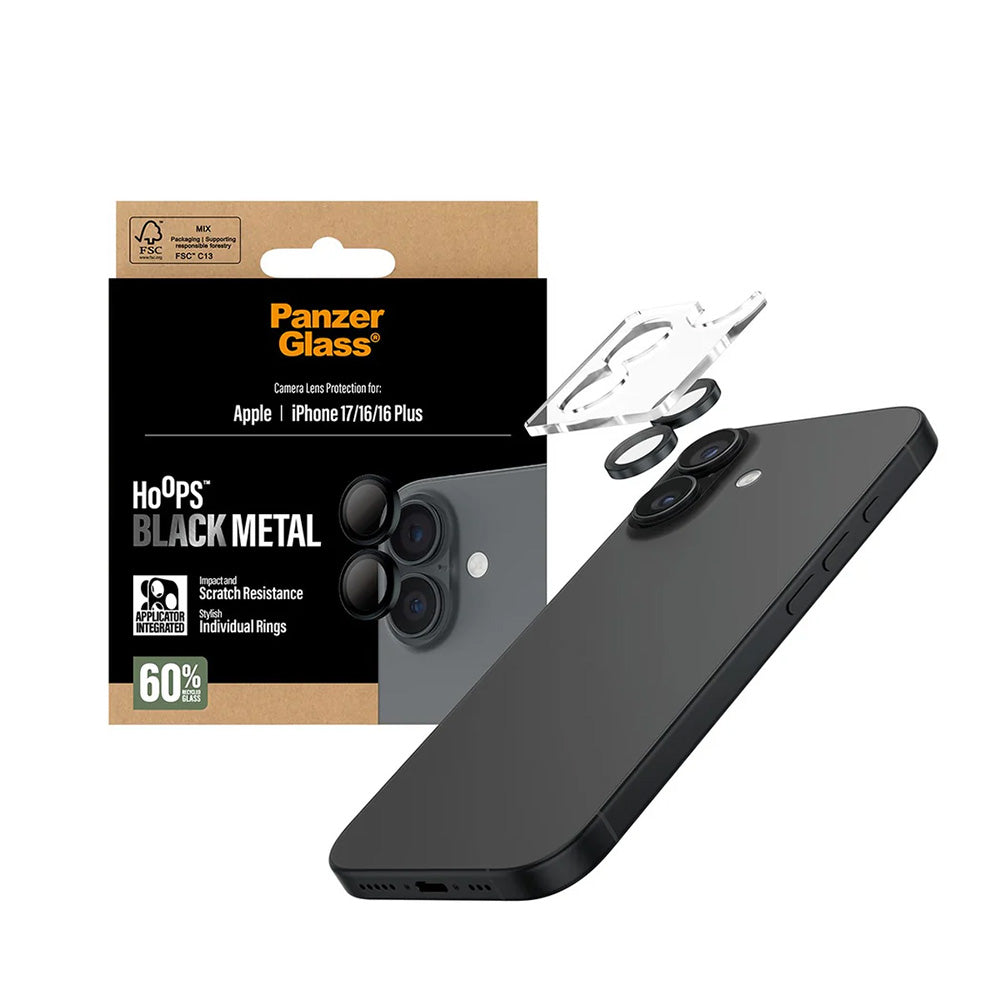 Zaštitna folija za zadnju kameru PanzerGlass Hoops za Apple iPhone 17 / 16 Plus / 16, Kaljeno staklo, Crna