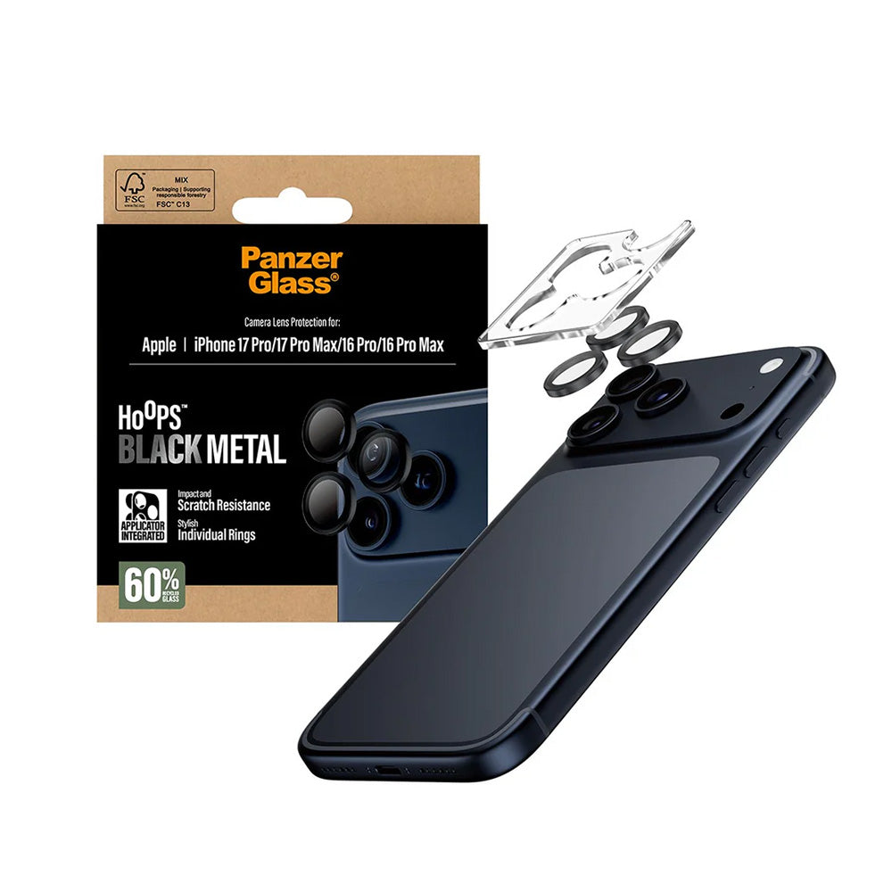 Zaštitna folija za zadnju kameru PanzerGlass Hoops za Apple iPhone 17 Pro Max / 17 Pro / 16 Pro Max / 16 Pro, Kaljeno staklo, Crna