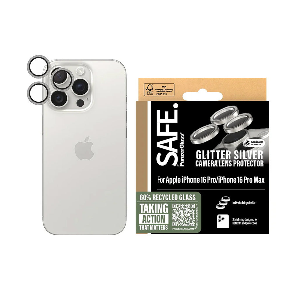 Folija za zaštitu zadnje kamere PanzerGlass Safe. Gliter za Apple iPhone 16 Pro Max / 16 Pro, Kaljeno staklo, Srebrna