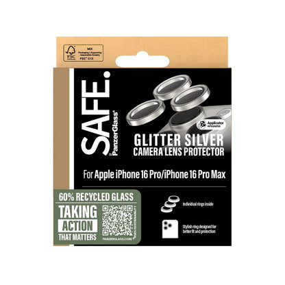 Folija za zaštitu zadnje kamere PanzerGlass Safe. Gliter za Apple iPhone 16 Pro Max / 16 Pro, Kaljeno staklo, Srebrna