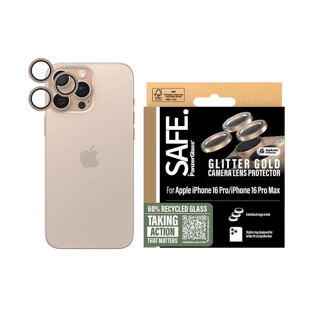 Folija za zaštitu zadnje kamere PanzerGlass Safe. Gliter za Apple iPhone 16 Pro Max / 16 Pro, Kaljeno staklo, Zlatna