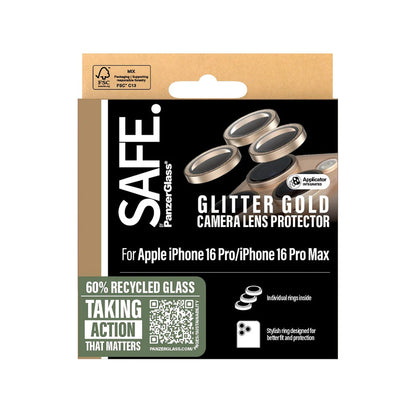 Folija za zaštitu zadnje kamere PanzerGlass Safe. Gliter za Apple iPhone 16 Pro Max / 16 Pro, Kaljeno staklo, Zlatna
