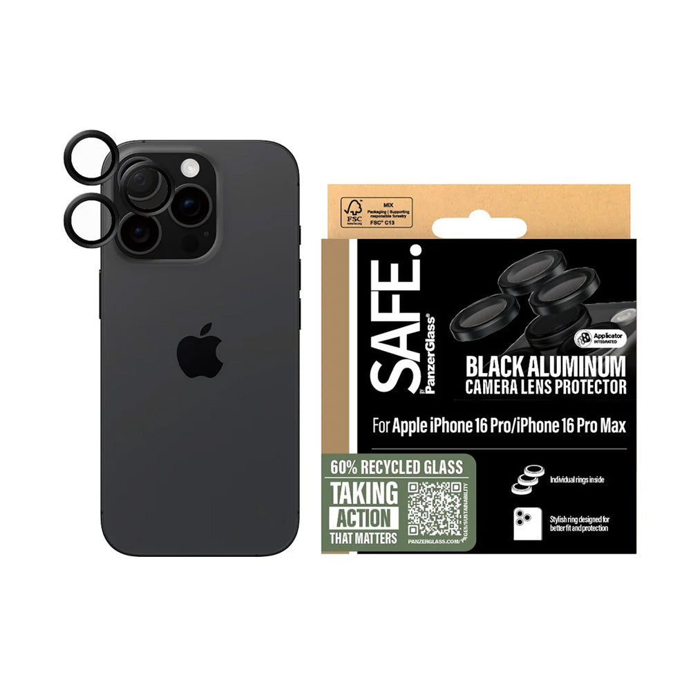Folija za zaštitu zadnje kamere PanzerGlass Safe. za Apple iPhone 16 Pro Max / 16 Pro, Kaljeno staklo, Crna