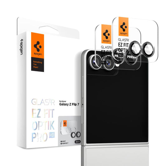 Folija za zaštitu zadnje kamere Spigen GlastR EZ FIT Optik Pro HD za Samsung Galaxy Z Flip7 F766, Kaljeno staklo, Set od 2 komada, Crna AGL09587