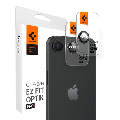 Folija za zaštitu zadnje kamere Spigen GlastR EZ FIT Optik Pro za Apple iPhone 17e / 16e, Kaljeno staklo, Set od 2 komada, Crna AGL09279