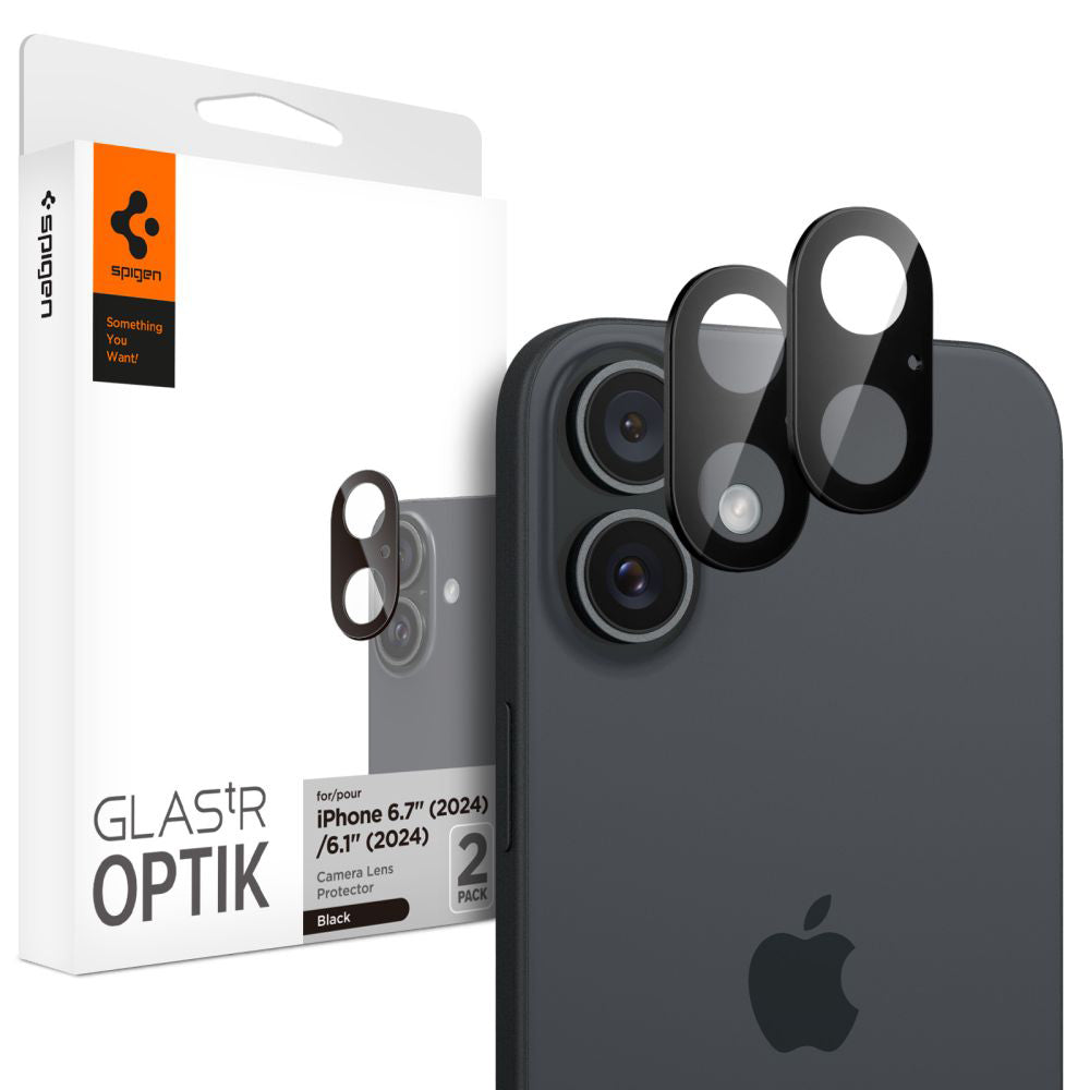 Folija za zaštitu zadnje kamere Spigen GlastR Optik za Apple iPhone 16 Plus / 16, Kaljeno staklo, Set od 2 komada, Crna AGL07922