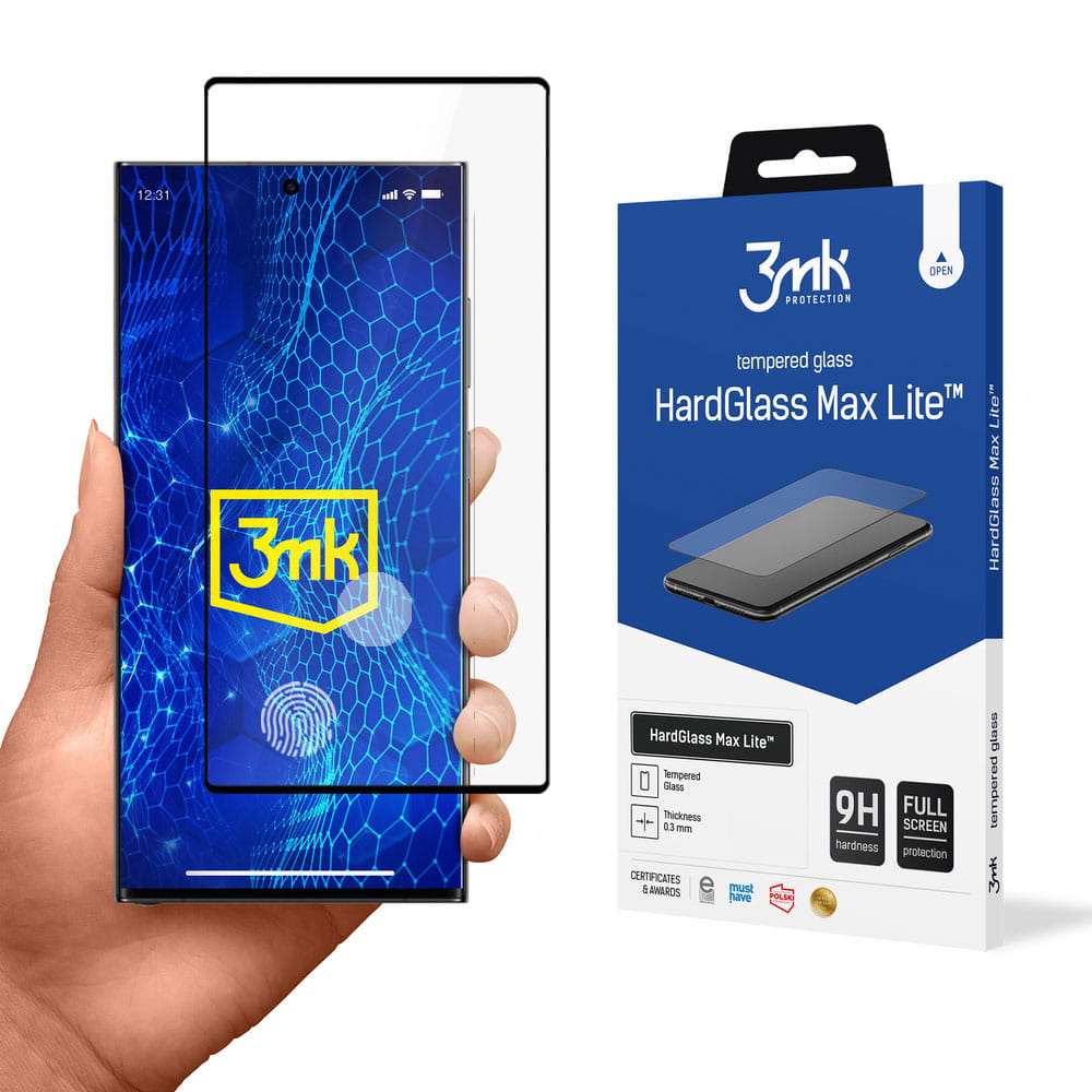 Zaštitna folija za ekran 3MK HardGlass Max Lite za Samsung Galaxy S23 Ultra S918, Kaljeno staklo, Edge Glue, Crna