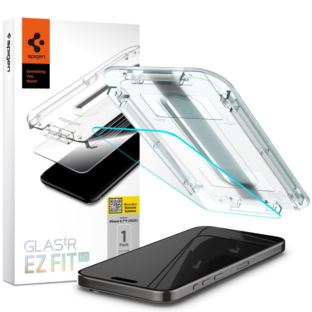 Folija za zaštitu ekrana Spigen EZ FIT za Apple iPhone 15 Pro Max, Kaljeno staklo, Pun lepak, 2.5D AGL06878