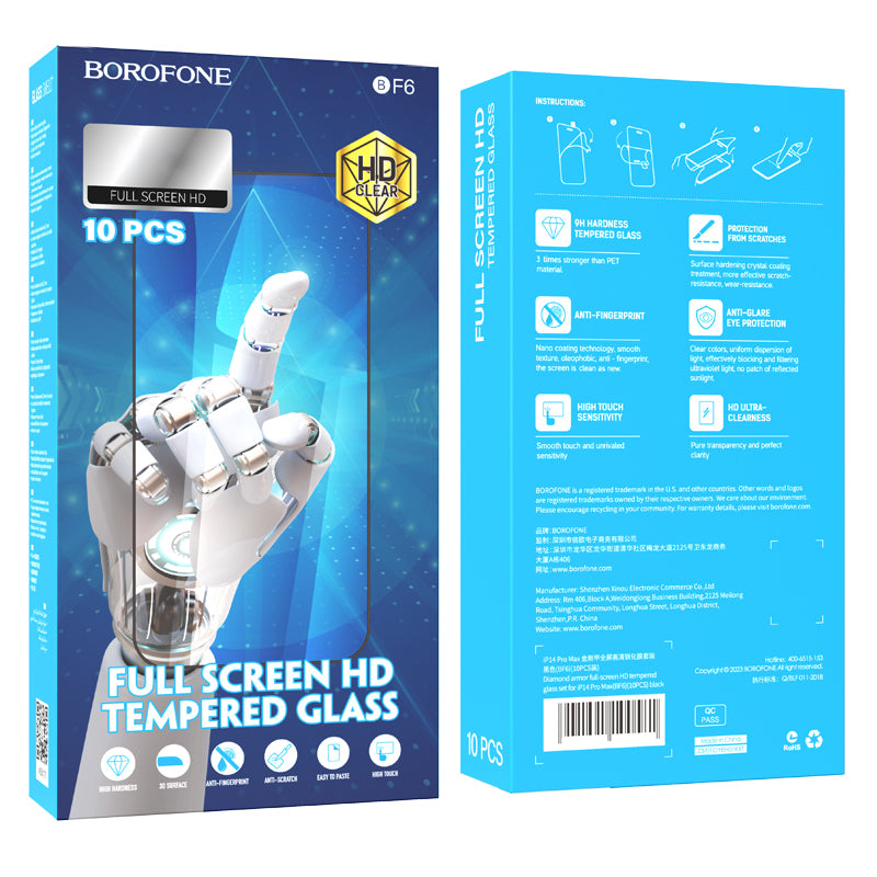 Folija za zaštitu ekrana Borofone BF6 Diamond Armor za Apple iPhone 16e / 14 / 13 Pro / 13, Kaljeno staklo, Full Glue, Set 10 komada, Crna