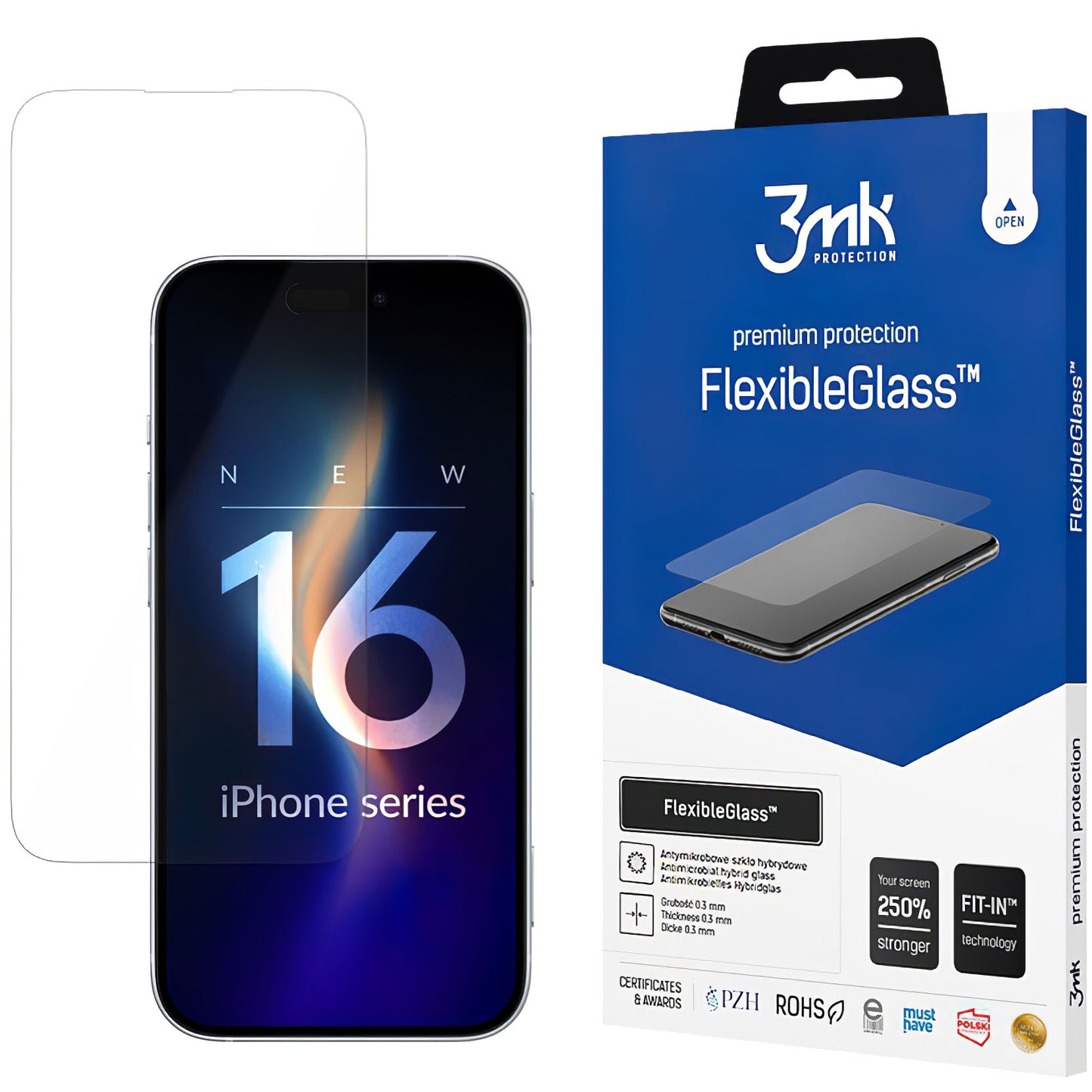 Zaštitna folija za ekran 3MK FlexibleGlass za Apple iPhone 16, Fleksibilno staklo, Pun ljepilo