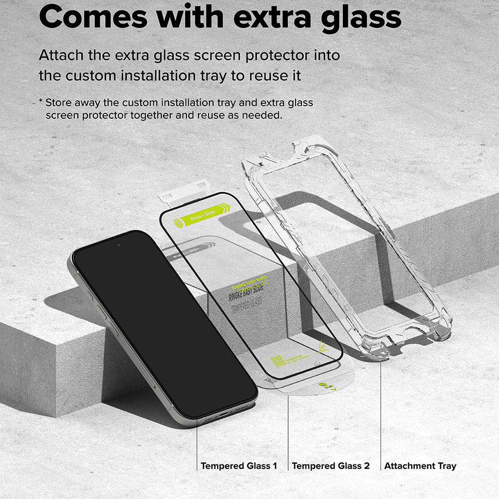 Zaštitna folija za ekran Ringke Easy Slide za Apple iPhone 16 / 15, Kaljeno staklo, Pun ljepilo, Set od 2 komada, Crna
