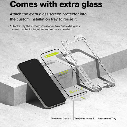 Zaštitna folija za ekran Ringke Easy Slide za Apple iPhone 16 / 15, Kaljeno staklo, Pun ljepilo, Set od 2 komada, Crna