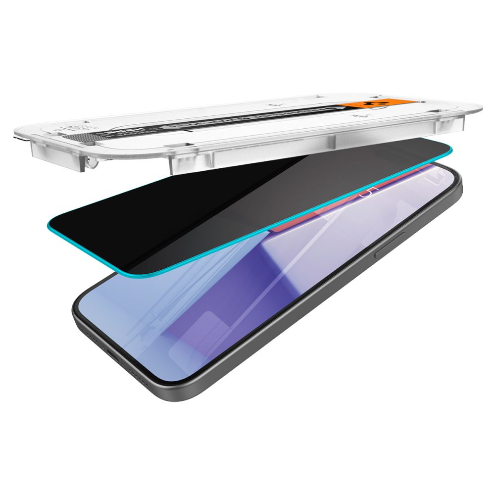 Folija za zaštitu ekrana Privacy Spigen EZ FIT za Apple iPhone 15 Pro Max, Kaljeno staklo, Pun lepak, 2.5D AGL07118