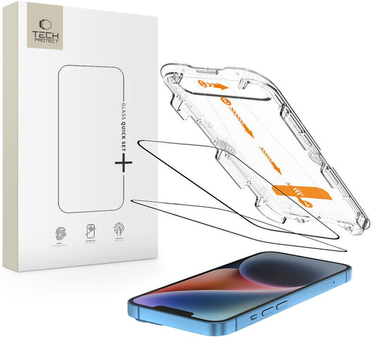 Zaštitna folija za ekran Tech-Protect Quick Set+ za Apple iPhone 17e / 16e / 14 / 13 Pro, Kaljeno staklo, Full Glue, Set od 2 komada, Crna