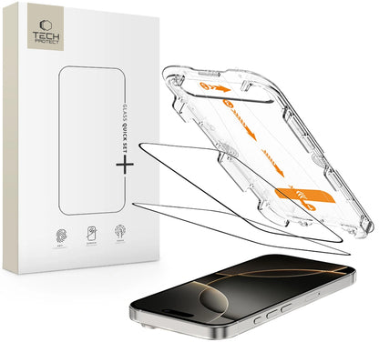 Zaštitna folija za ekran Tech-Protect Quick Set+ za Apple iPhone 16 Pro, Kaljeno staklo, Full Glue, Set od 2 komada, Crna