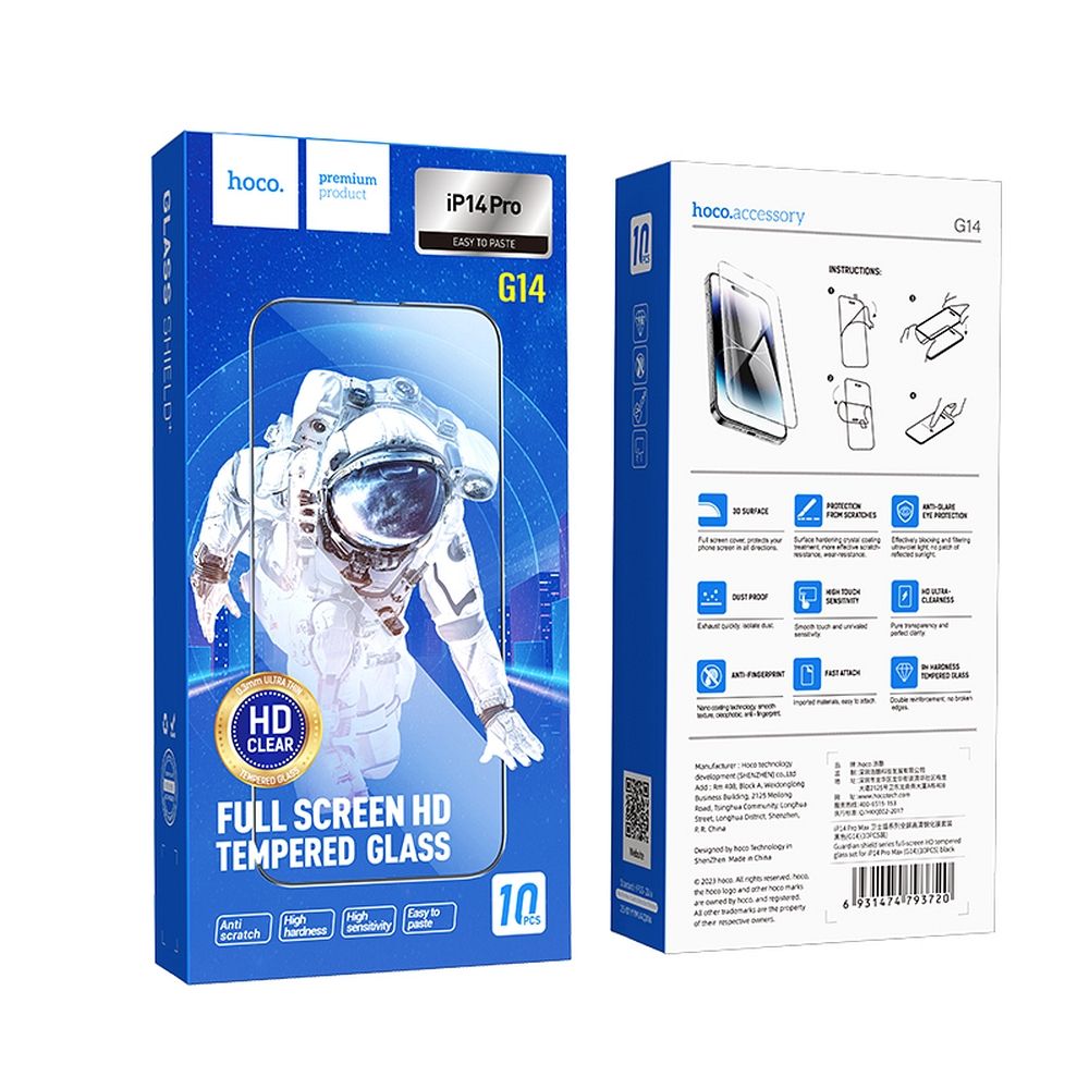 Zaštitna folija za ekran HOCO za Apple iPhone 14 Pro, Kaljeno staklo, Full Glue, Set od 10 komada, Crna