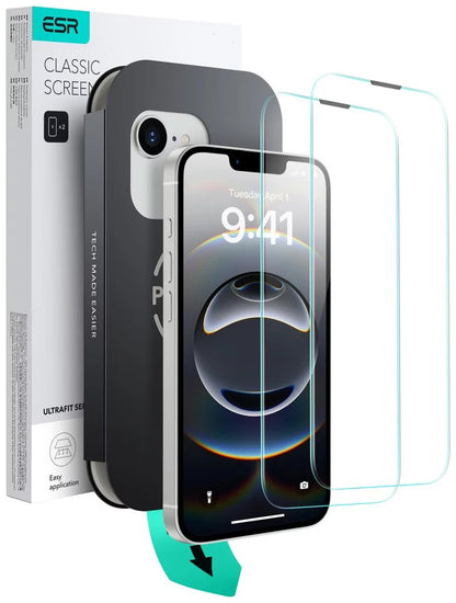 Folija za zaštitu ekrana ESR Ultrafit za Apple iPhone 17e / 16e / 14 / 13 Pro, Kaljeno staklo, Full Glue, Set 2 komada