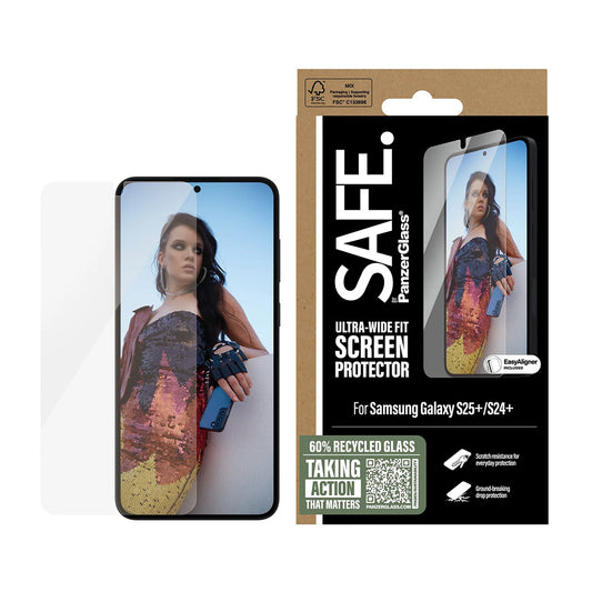 Zaštitna folija za ekran PanzerGlass Safe. Ultra-Wide Fit EasyAligner za Samsung Galaxy S25+ S936, Kaljeno staklo, Full Glue, Resigilata
