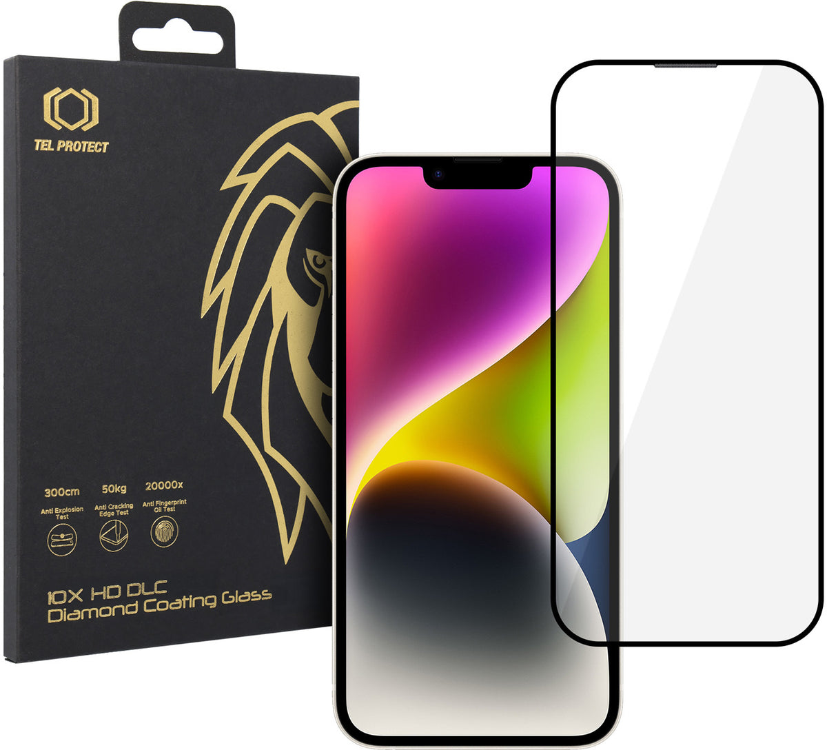 Zaštitno staklo za ekran Tel Protect 10X HD DLC Diamond Coating za Apple iPhone 17e / 16e / 14 / 13 Pro / 13, kaljeno staklo, lepljenje celom površinom, crno