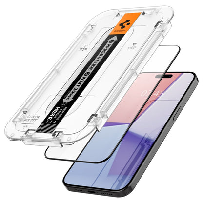 Folija za zaštitu ekrana Spigen EZ FIT za Apple iPhone 15, Kaljeno staklo, Pun lepak, 2.5D, Prijateljska za futrole, Crna AGL06908