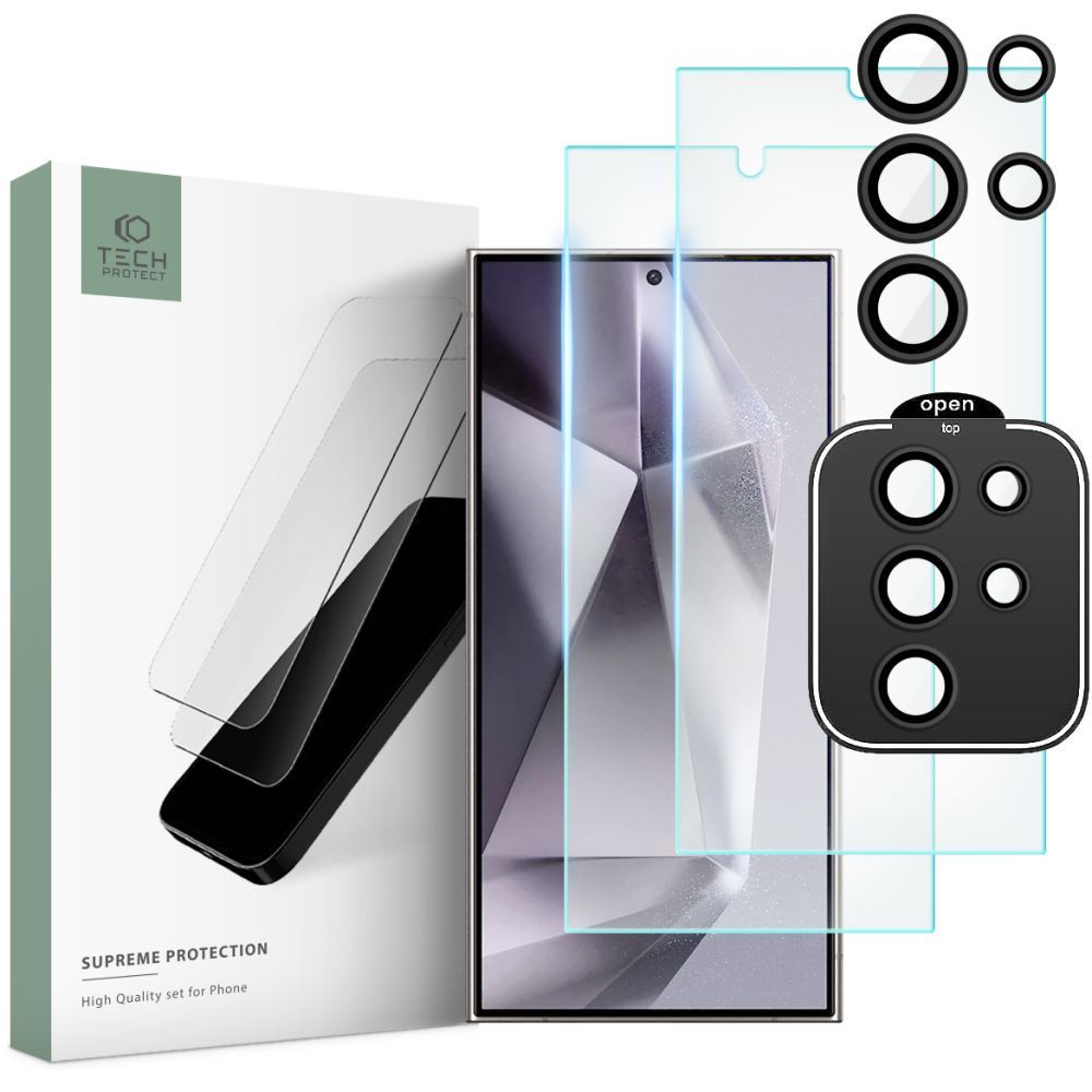 Zaštitna folija za ekran i stražnju kameru Tech-Protect Supreme za Samsung Galaxy S24 Ultra S928, Kaljeno staklo, Pun ljepilo, Set od 3 komada, 2.5D