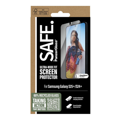 Zaštitna folija za ekran PanzerGlass Safe. Ultra-Wide Fit EasyAligner za Samsung Galaxy S25+ S936, Kaljeno staklo, Full Glue, Resigilata