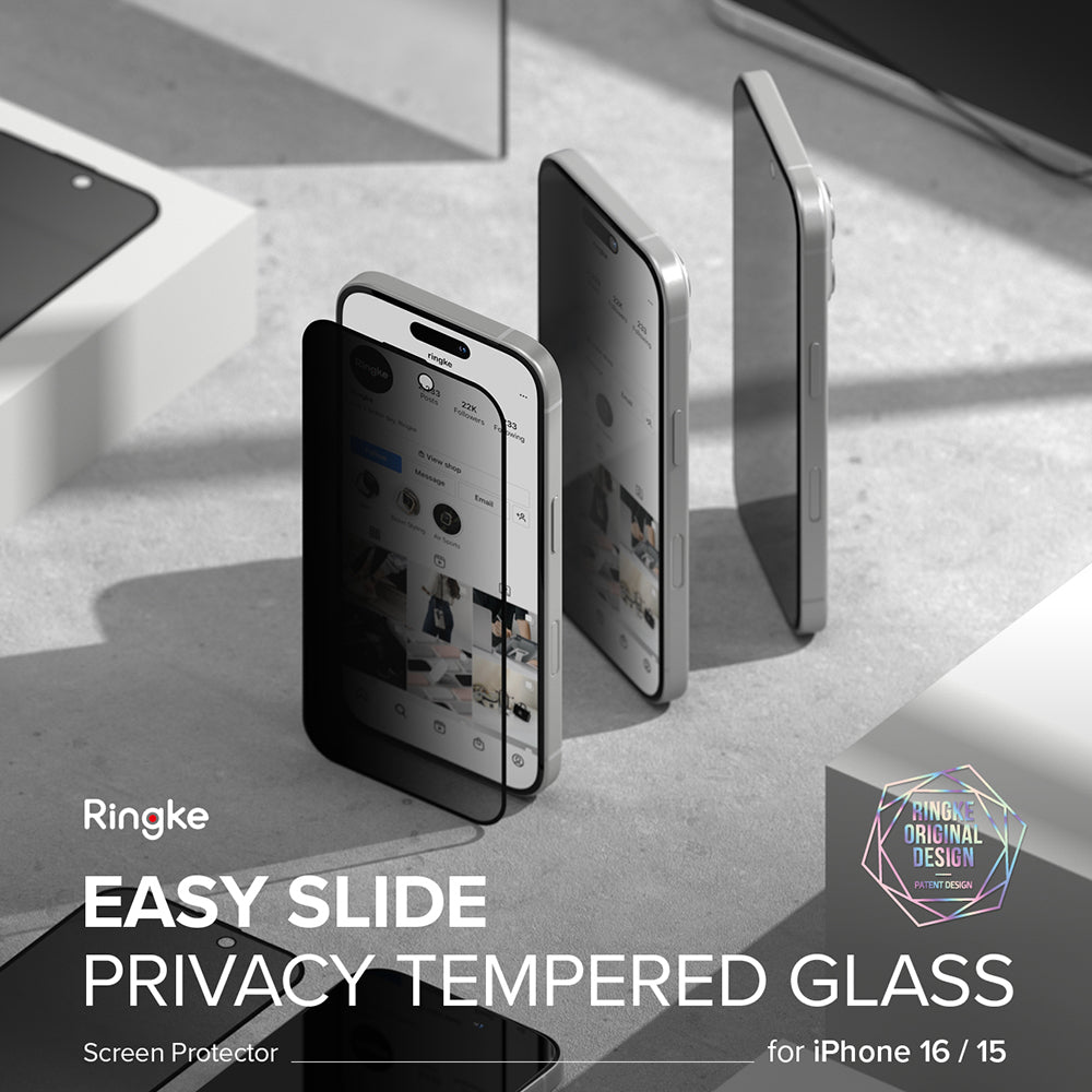 Privacy Screen Protector Ringke Easy Slide for Apple iPhone 16 Pro Max, Glass Shielded, Full Glue, Set 2 pieces 