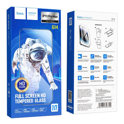 Zaštitna folija za ekran HOCO G14 za Apple iPhone 15 Pro Max, Kaljeno staklo, Full Glue, Set od 10 komada, 5D, Crna