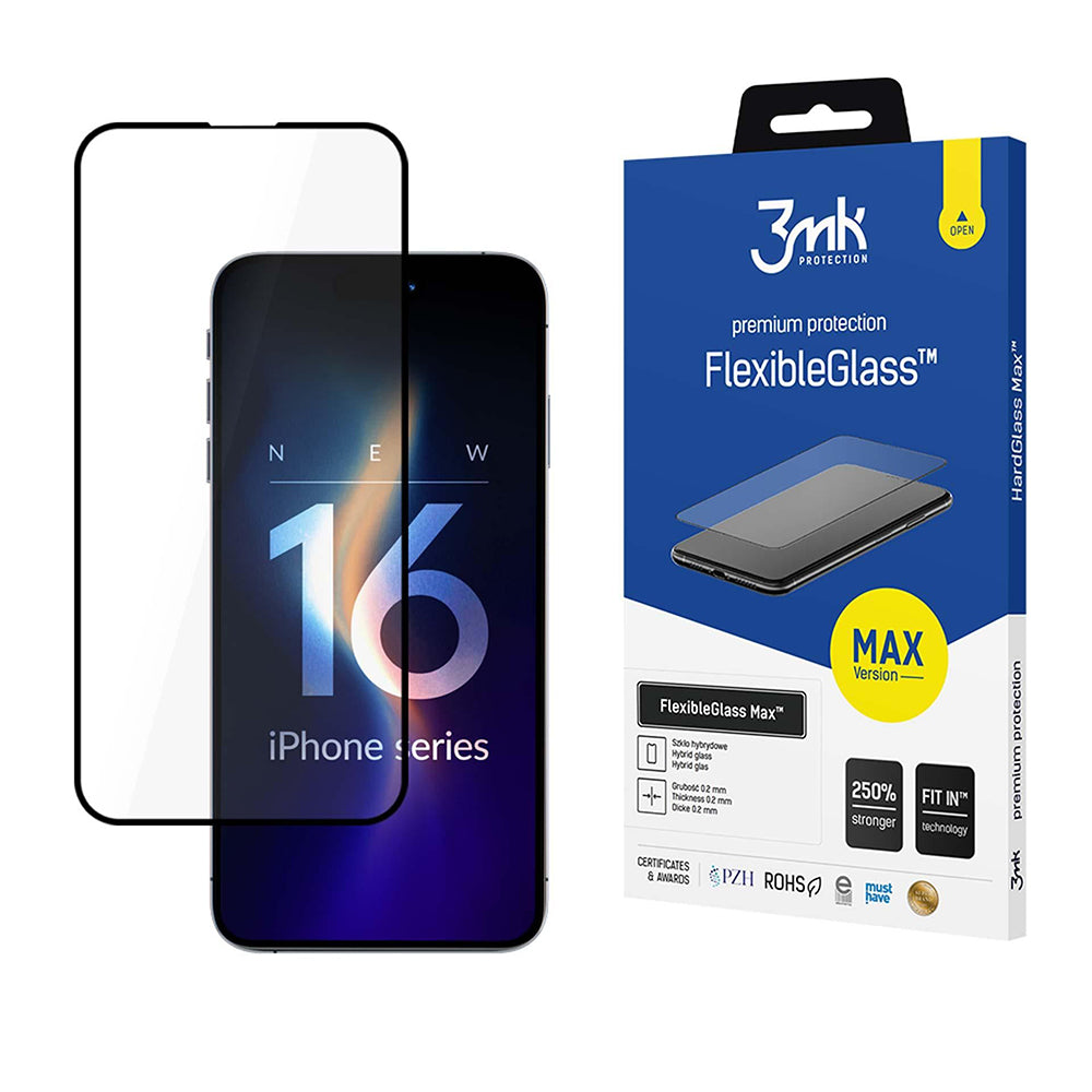 Zaštitna folija za ekran 3MK FlexibleGlass Max za Apple iPhone 16 Pro, Fleksibilno staklo, Full Glue, Crna
