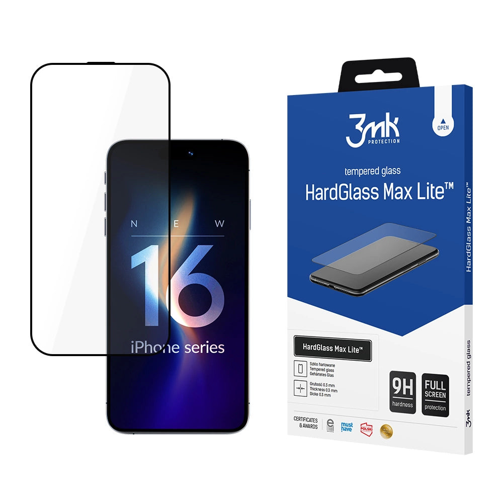 Folija za zaštitu ekrana 3MK HardGlass Max Lite za Apple iPhone 17 / 16 Pro, Kaljeno staklo, Full Glue, Crna