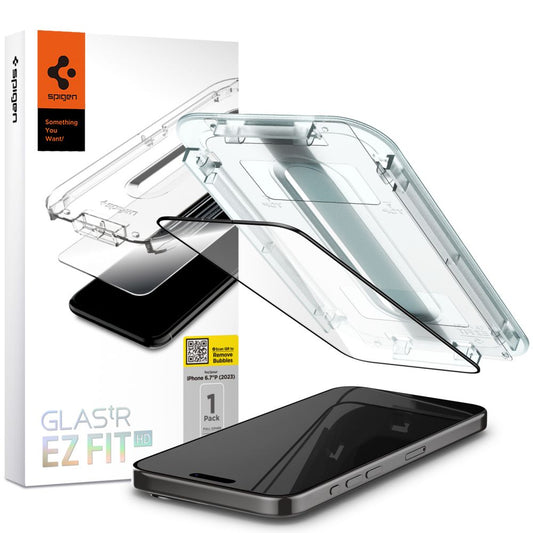 Spigen EZ FIT Screen Protector for Apple iPhone 15, Shielded Glass, Full Glue, 2.5D, Case Friendly, Black AGL06908 AGL06908 