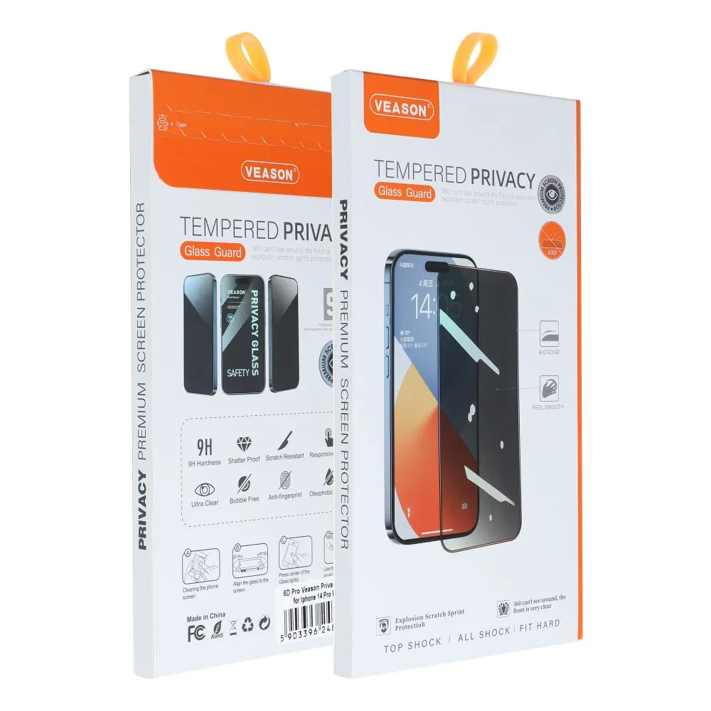 Zaštitna folija za ekran Privacy Veason za Apple iPhone 14 / 13 Pro, Kaljeno staklo, Full Glue, 6D