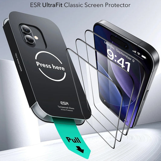 Folija za zaštitu ekrana ESR UltraFit za Apple iPhone 17 / 16 Pro, Kaljeno staklo, Full Glue, Set od 3 komada