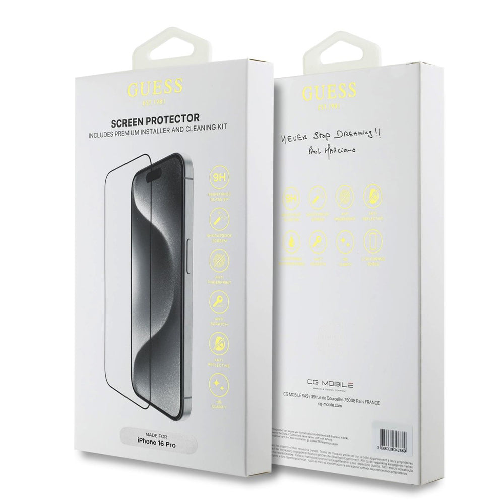 Folija za zaštitu ekrana Guess Classic Outline za Apple iPhone 16 Pro Max, Kaljeno staklo, Full Glue, 2.5D, Crna GUTGP16XBOKGCIT