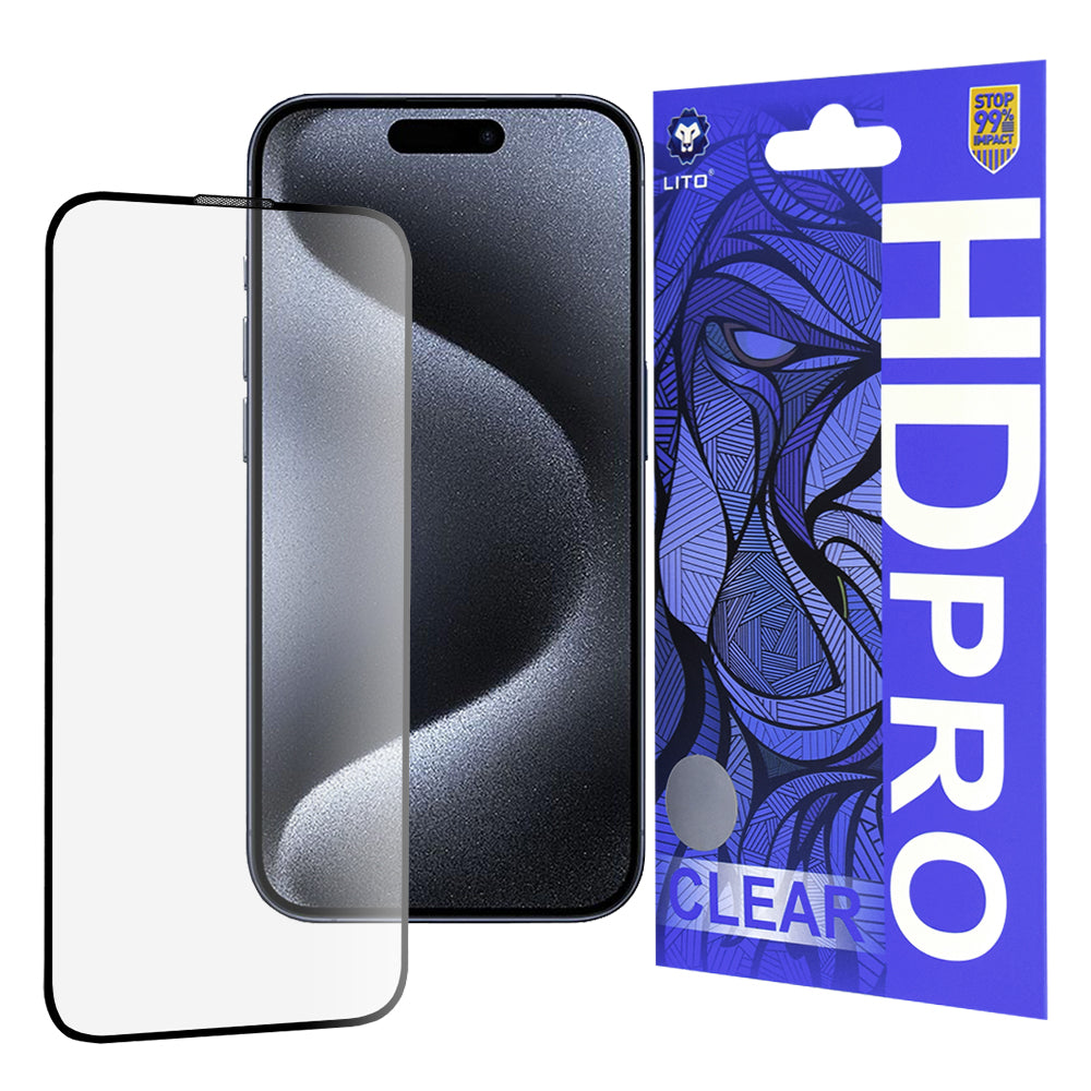 Zaštitna folija za ekran Lito HD Pro Clear za Apple iPhone 15 Pro, Kaljeno staklo, Full Glue, Crna