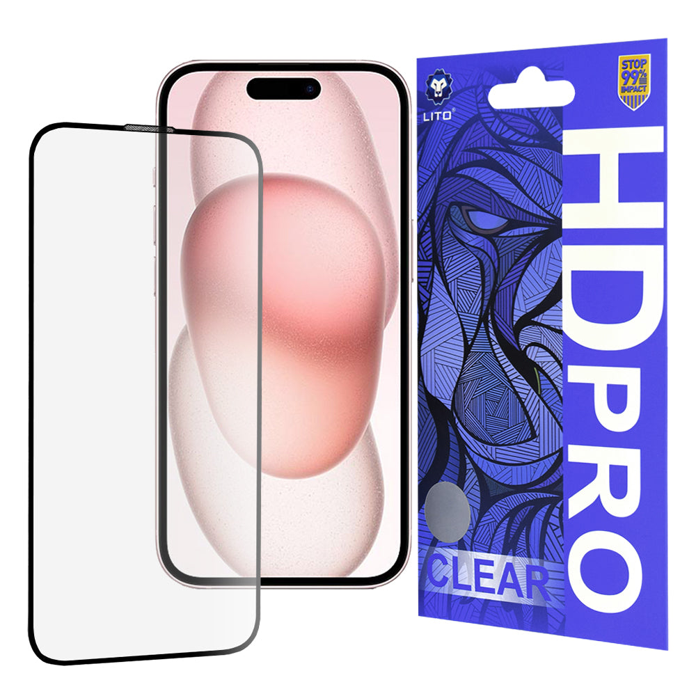 Zaštitna folija za ekran Lito HD Pro Clear za Apple iPhone 15, Kaljeno staklo, Full Glue, Crna