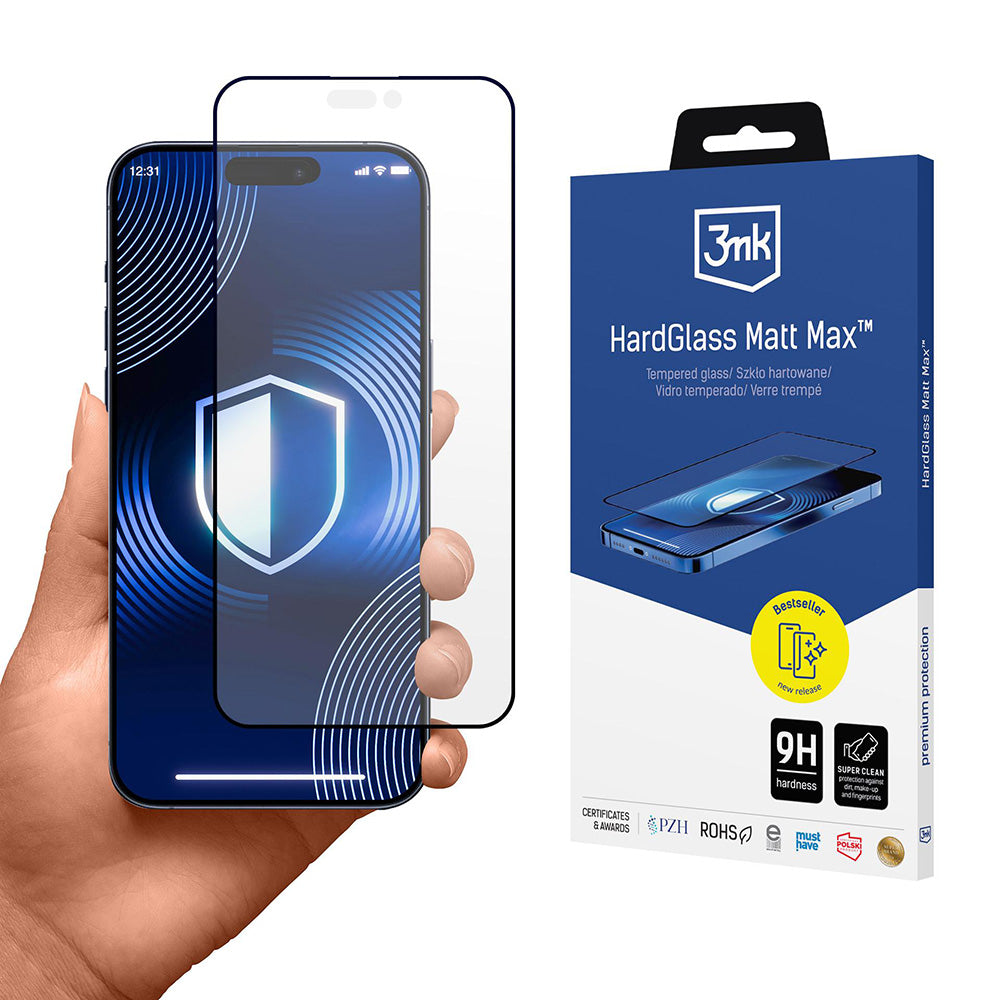 Folija za zaštitu ekrana Matte 3MK HardGlass Max za Apple iPhone 17 Pro Max, Kaljeno staklo, Full Glue, Crna