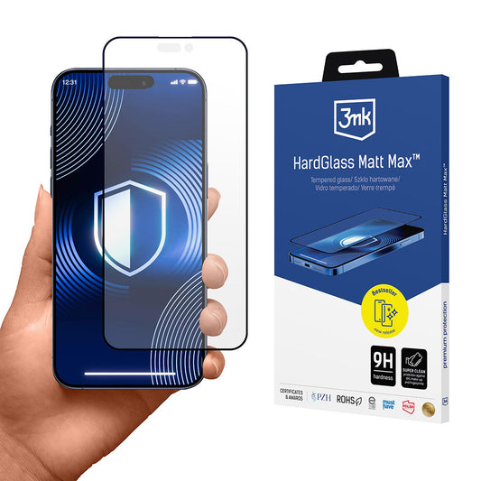 Folija za zaštitu ekrana Matte 3MK HardGlass Max za Apple iPhone 17 Pro Max, Kaljeno staklo, Full Glue, Crna