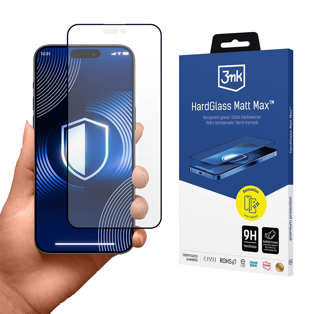 Zaštitna folija Matte 3MK HardGlass Max za Apple iPhone 17 Pro, Kaljeno staklo, Full Glue, Crna
