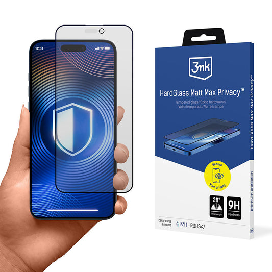 Folija za zaštitu ekrana Matte Privacy 3MK HardGlass Max za Apple iPhone 17 Pro, Kaljeno staklo, Full Glue